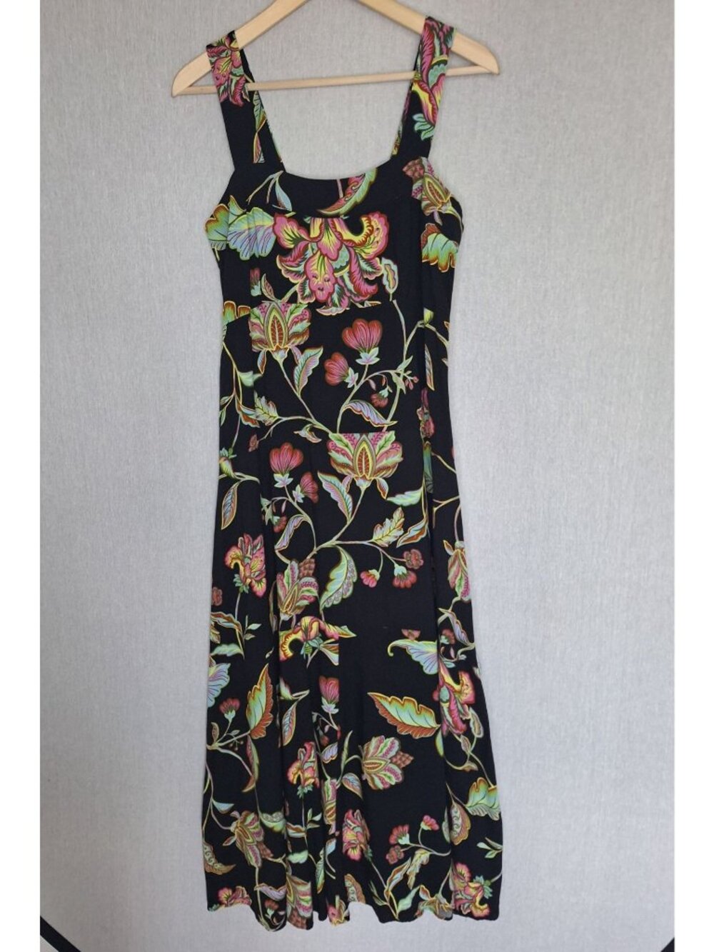 💙 MSK Black Floral Sleeveless Midi Dress Size L Stretch Boho Tropical Summer Dr